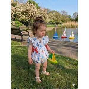 Southern Sunshine Sailboat Romper 9M Nautical Ruffle Bubble Classic Coastal USA